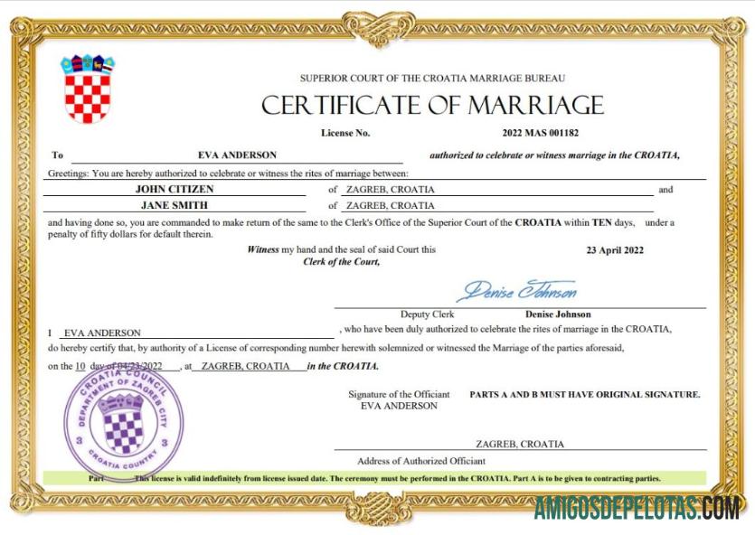 Realista modelo Word e PDF de certidão de casamento na Croácia